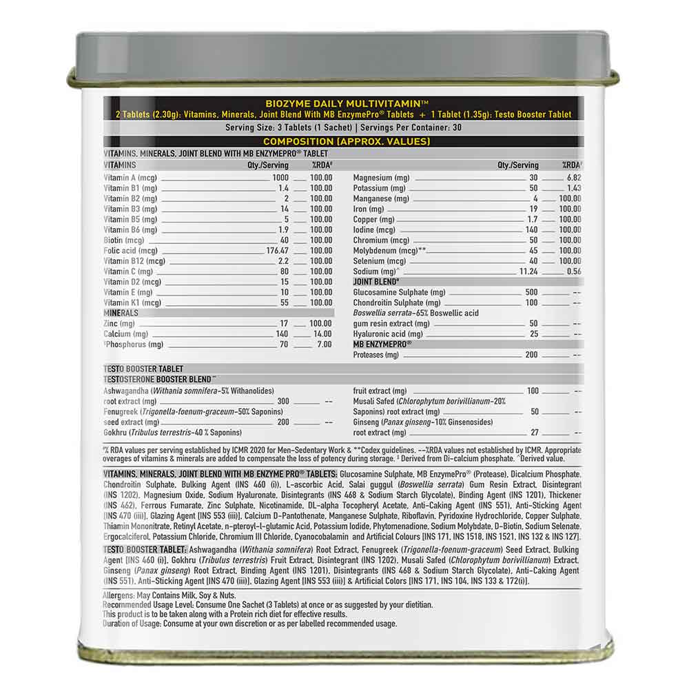 MuscleBlaze Biozyme Daily Multivitamin, 5-in-1 Supplement with Vitamins, Minerals, Joint, T-Booster Blend & EAF, 90 tablet(s)