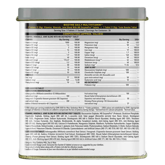 MuscleBlaze Biozyme Daily Multivitamin, 5-in-1 Supplement with Vitamins, Minerals, Joint, T-Booster Blend & EAF, 90 tablet(s)