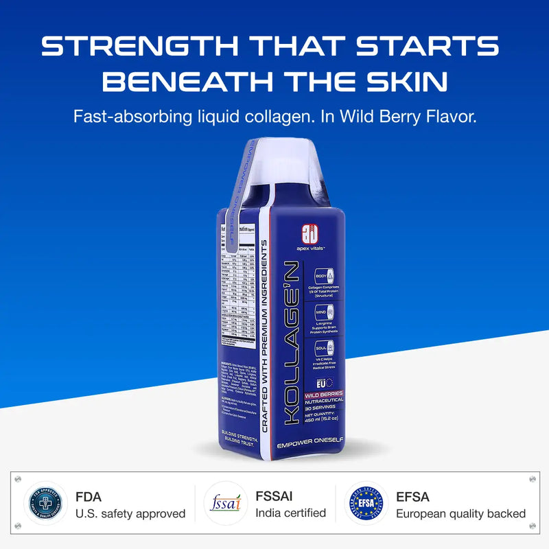 Apex Vitals Liquid Collagen Drink – Type 1 & 3 Collagen with HA + Vitamin C Wild Berries flavour