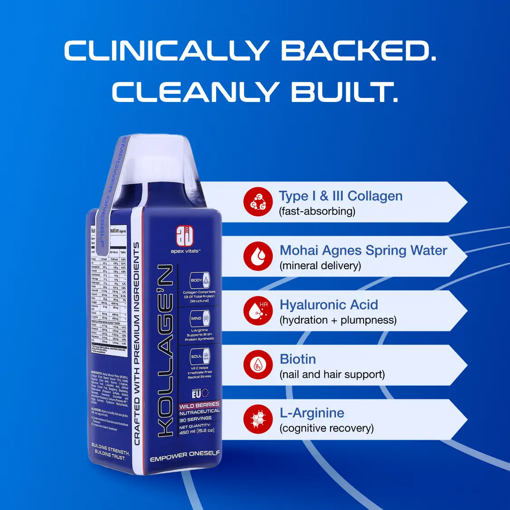 Apex Vitals Liquid Collagen Drink – Type 1 & 3 Collagen with HA + Vitamin C Wild Berries flavour