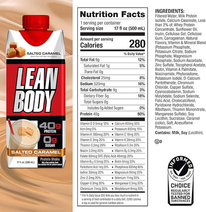 Lean Body Ready-to-Drink Protein Shake, 40g Protein, Whey Blend, 0 Sugar, Gluten Free, 22 Vitamins & Minerals, 17 Fl Oz (Pack of 12)