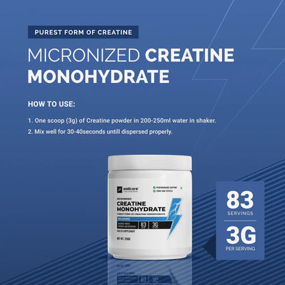 Wellcore - Micronised Creatine Monohydrate (250g, 83 Servings) | 100% Pure Creatine | Unflavored