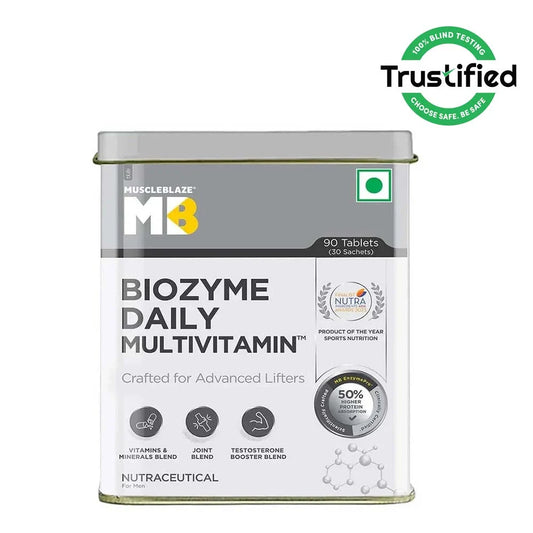 MuscleBlaze Biozyme Daily Multivitamin, 5-in-1 Supplement with Vitamins, Minerals, Joint, T-Booster Blend & EAF, 90 tablet(s)