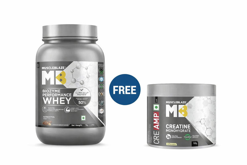MuscleBlaze Biozyme Performance Whey 1 kg + 100gms Unflavoured Creatine May Expiry (LTD)