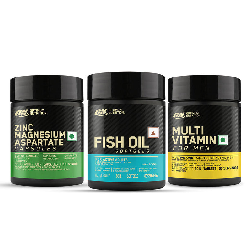 Optimum Nutrition - Multivitamin for MEN- 60 Tablets + Zinc Magnesium Aspartate (ZMA) - 60 Capsules + Fish Oil - 60 Capsules